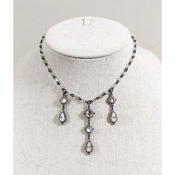 Ben Amun Crystal Dangle Necklace Silver Toned White Colorless Beads Rhinestones - Picture 2 of 12